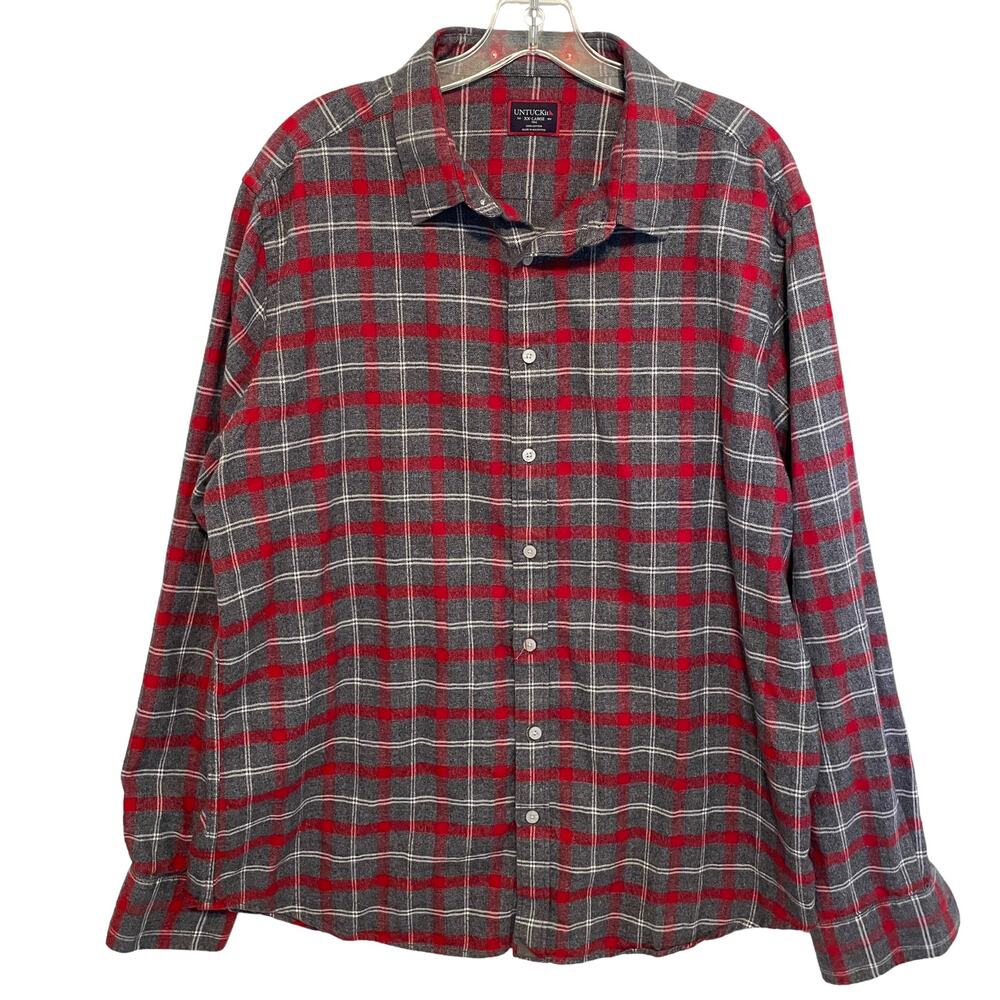 Untuckit Plaid Flannel Button Shirt Mens Size XXL Gray Red Cotton Long Sleeve - Picture 2 of 8